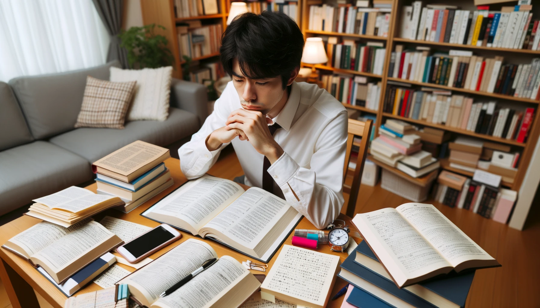 Photo of a Japanese man engrossed in studying English, surrounded by books and notes.